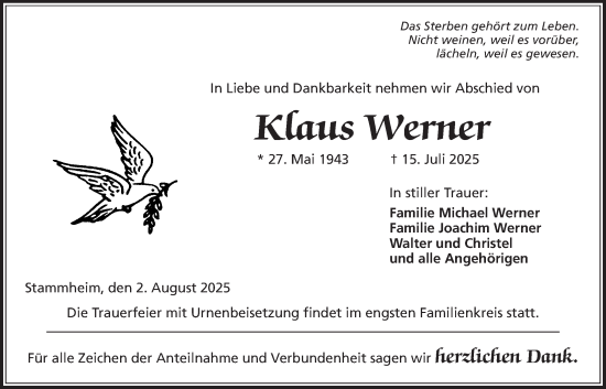 Traueranzeige von Klaus Werner von Wetterauer Zeitung, Kreis-Anzeiger