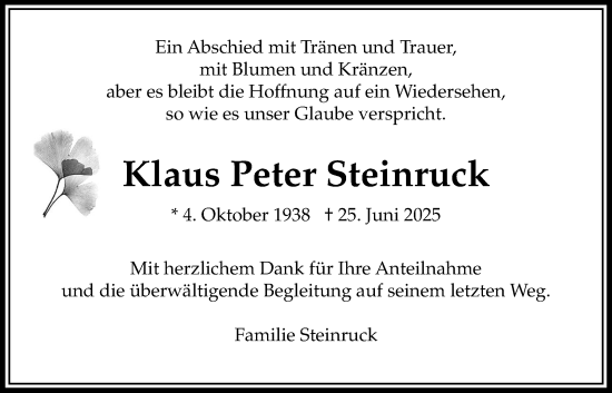 Traueranzeige von Klaus Peter Steinruck von Bad Vilbel/Karben