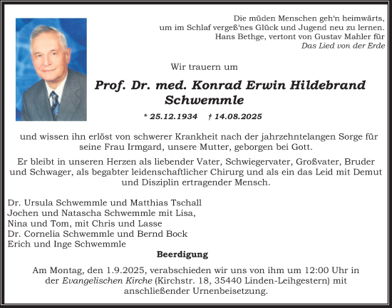 Traueranzeige von Konrad Erwin Hildebrand Schwemmle von Giessener Anzeiger, Giessener Allgemeine, Alsfelder Allgemeine