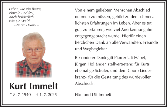 Traueranzeige von Kurt Immelt von Laubacher Anzeiger, Giessener Allgemeine, Alsfelder Allgemeine, Giessener Anzeiger
