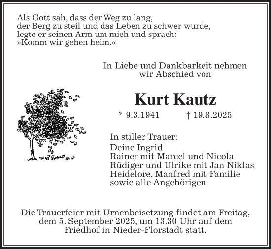 Traueranzeige von Kurt Kautz von Wetterauer Zeitung