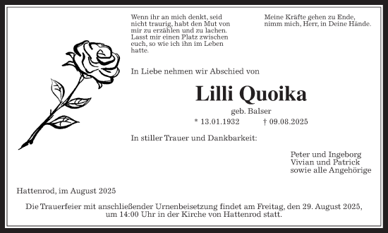 Traueranzeige von Lilli Quoika von Giessener Anzeiger, Giessener Allgemeine, Alsfelder Allgemeine, Reiskirchener Anzeiger