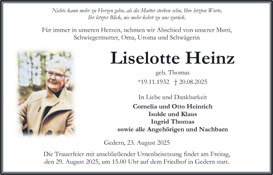 Traueranzeige von Liselotte Heinz von Kreis-Anzeiger