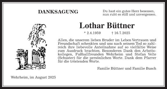 Traueranzeige von Lothar Büttner von Usinger Anzeiger, Usinger Anzeigenblatt