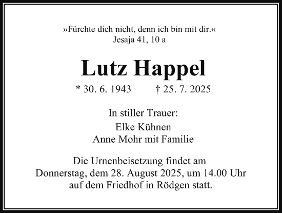 Traueranzeige von Lutz Happel von Giessener Anzeiger, Giessener Allgemeine, Alsfelder Allgemeine