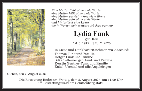 Traueranzeige von Lydia Funk von Giessener Anzeiger