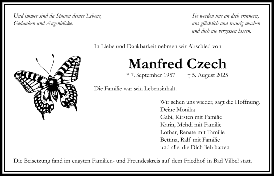 Traueranzeige von Manfred Czech von Bad Vilbel/Karben