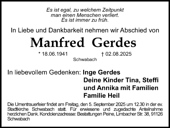 Traueranzeige von Manfred Gerdes von Oberhessische Zeitung