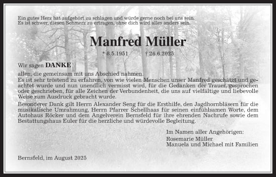 Traueranzeige von Manfred Müller von Giessener Allgemeine, Alsfelder Allgemeine, Mücker Stimme