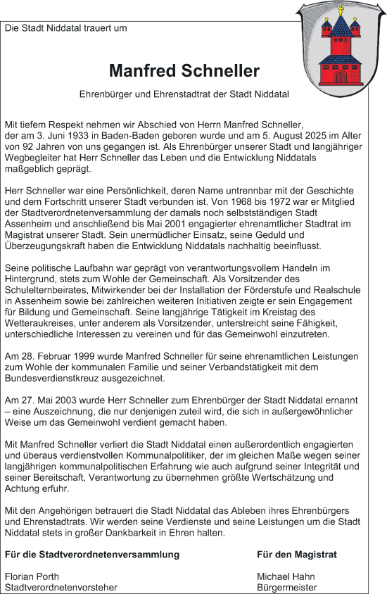 Traueranzeige von Manfred Schneller von Wetterauer Zeitung