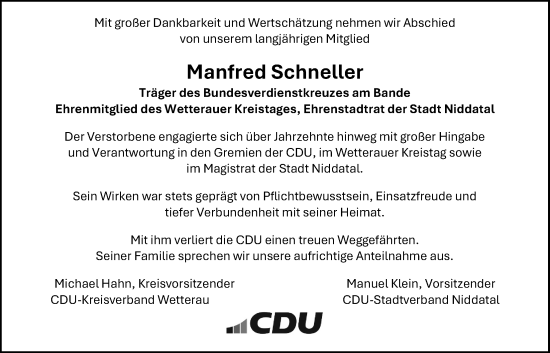 Traueranzeige von Manfred Schneller von Wetterauer Zeitung