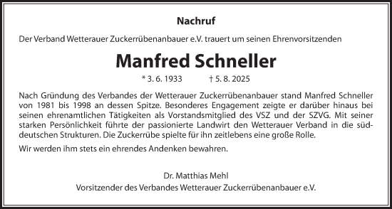Traueranzeige von Manfred Schneller von Wetterauer Zeitung