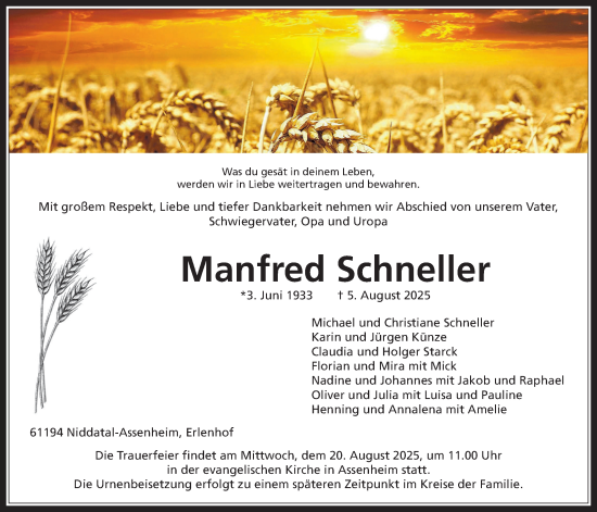 Traueranzeige von Manfred Schneller von Wetterauer Zeitung