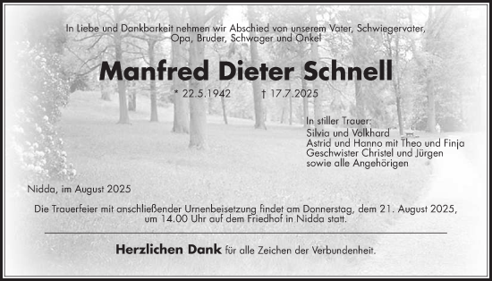 Traueranzeige von Manfred Dieter Schnell von Kreis-Anzeiger