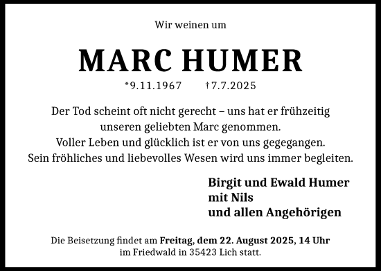 Traueranzeige von Marc Humer von Licher Wochenblatt