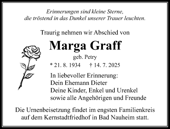 Traueranzeige von Marga Graff von Wetterauer Zeitung