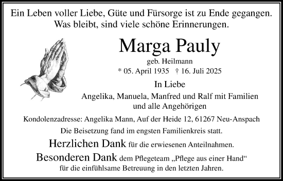 Traueranzeige von Marga Pauly von Usinger Anzeigenblatt