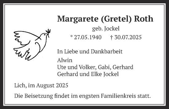 Traueranzeige von Margarete Roth von Licher Wochenblatt