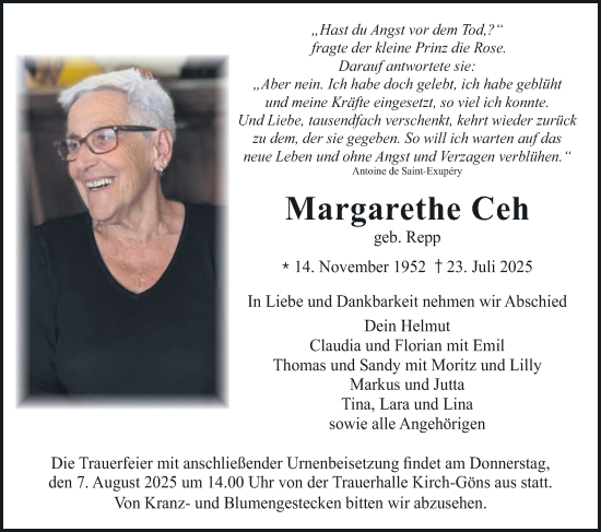 Traueranzeige von Margarethe Ceh von Butzbacher Zeitung