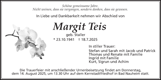 Traueranzeige von Margit Teis von Wetterauer Zeitung, Kreis-Anzeiger
