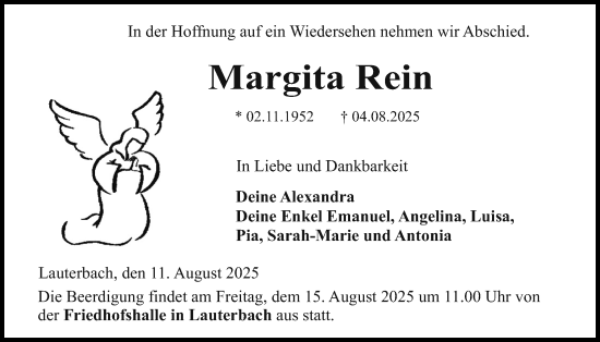 Traueranzeige von Margita Rein von Lauterbacher Anzeiger