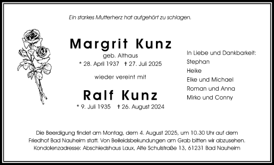Traueranzeige von Margrit Kunz von Wetterauer Zeitung