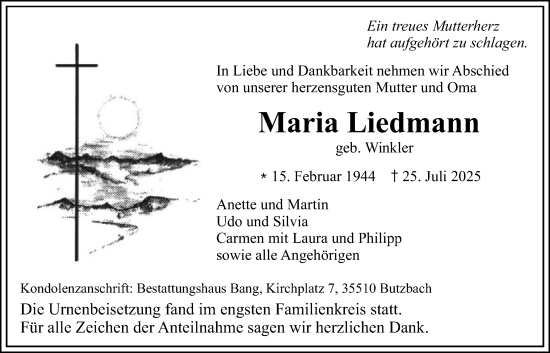 Traueranzeige von Maria Liedmann von Butzbacher Zeitung