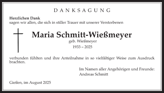 Traueranzeige von Maria Schmitt-Wießmeyer von Giessener Allgemeine, Alsfelder Allgemeine, Giessener Anzeiger