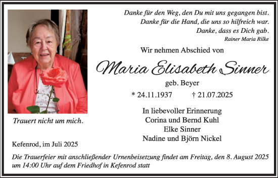 Traueranzeige von Maria Elisabeth Sinner von Kreis-Anzeiger