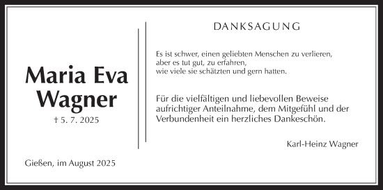 Traueranzeige von Maria Eva Wagner von Giessener Allgemeine, Alsfelder Allgemeine, Giessener Anzeiger