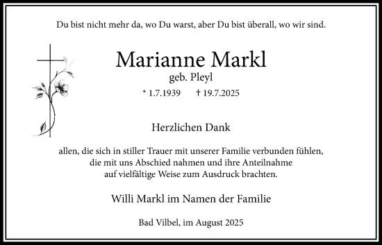 Traueranzeige von Marianne Markl von Bad Vilbel/Karben