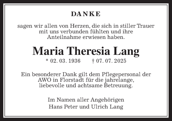 Traueranzeige von Maria Theresia Lang von Wetterauer Zeitung