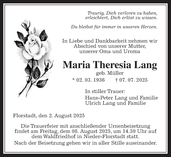 Traueranzeige von Maria Theresia Lang von Wetterauer Zeitung