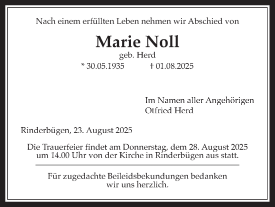 Traueranzeige von Marie Noll von Kreis-Anzeiger