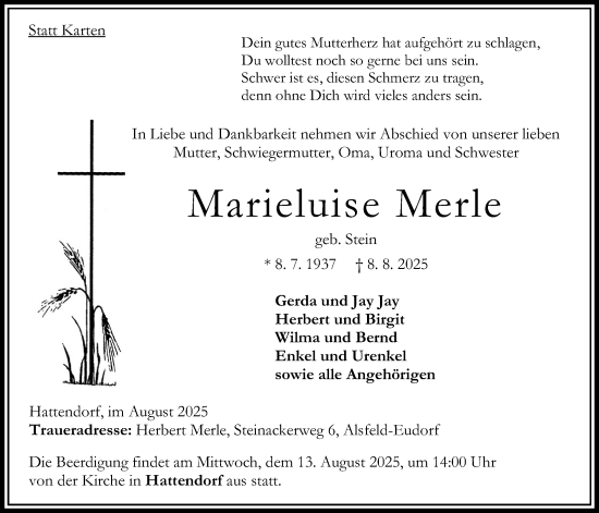 Traueranzeige von Marieluise Merle von Oberhessische Zeitung