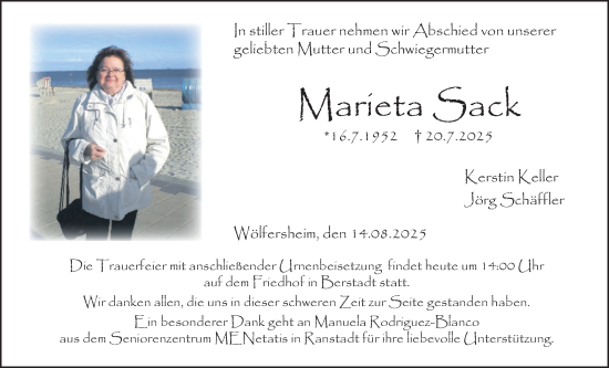 Traueranzeige von Marieta Sack von Wetterauer Zeitung