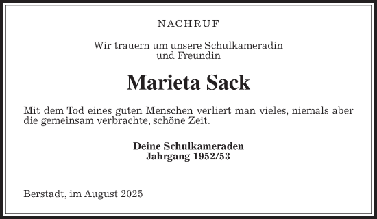 Traueranzeige von Marieta Sack von Wetterauer Zeitung
