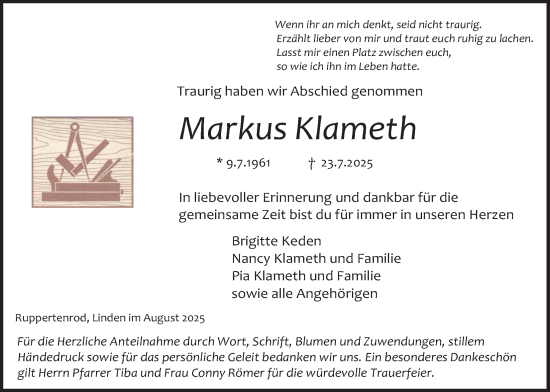 Traueranzeige von Markus Klameth von Giessener Allgemeine, Alsfelder Allgemeine
