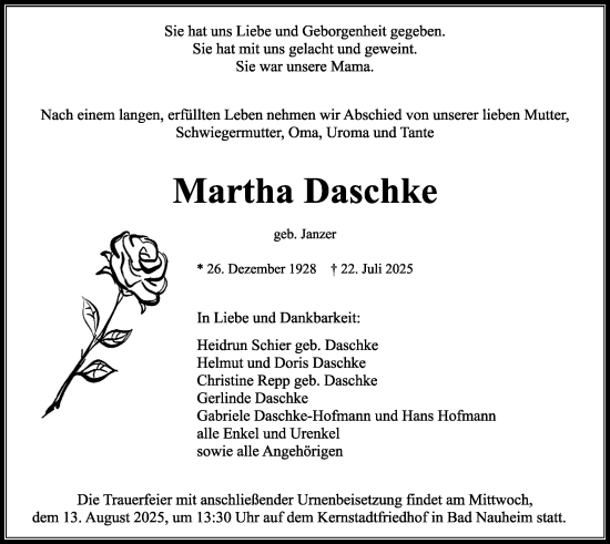 Traueranzeige von Martha Daschke von Wetterauer Zeitung, Butzbacher Zeitung