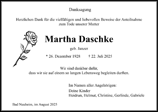 Traueranzeige von Martha Daschke von Butzbacher Zeitung, Wetterauer Zeitung