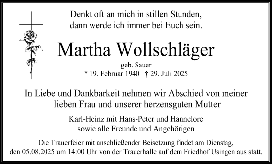 Traueranzeige von Martha Wollschläger von Usinger Anzeiger