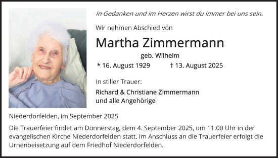 Traueranzeige von Martha Zimmermann von Bad Vilbel/Karben