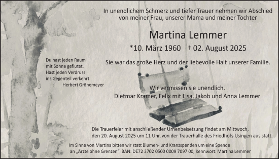 Traueranzeige von Martina Lemmer von Usinger Anzeiger