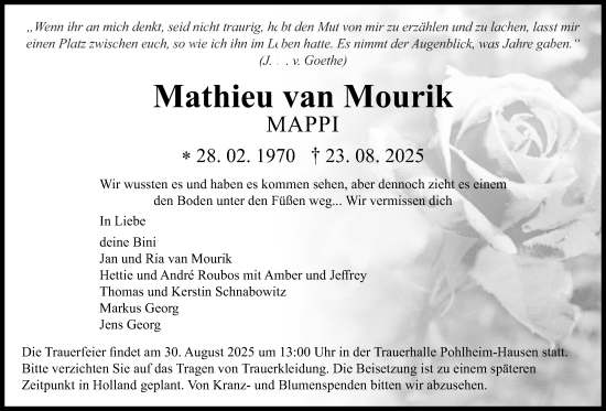 Traueranzeige von Mathieu van Mourik von Giessener Allgemeine, Alsfelder Allgemeine