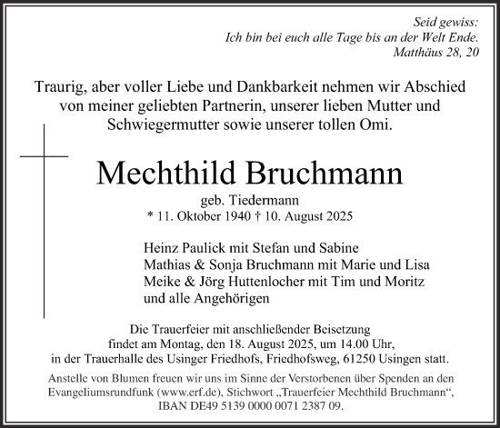 Traueranzeige von Mechthild Bruchmann von Usinger Anzeiger