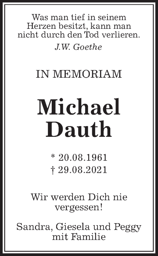 Traueranzeige von Michael Dauth von Wetterauer Zeitung