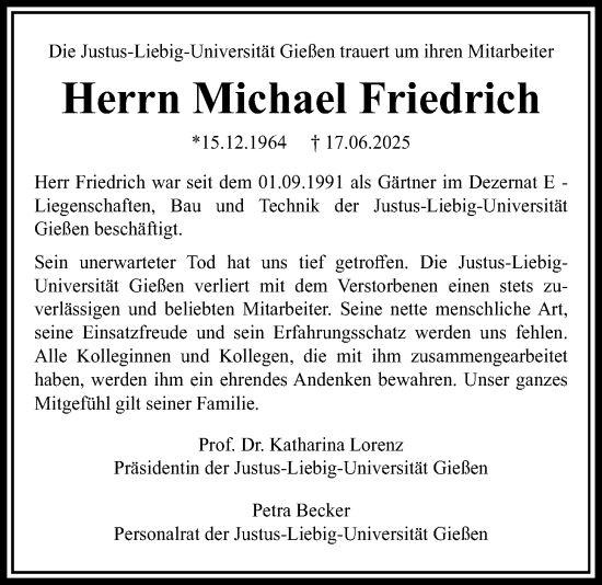 Traueranzeige von Michael Friedrich von Giessener Allgemeine, Alsfelder Allgemeine