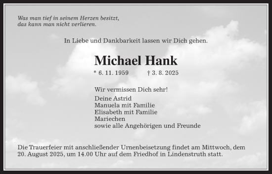 Traueranzeige von Michael Hank von Giessener Allgemeine, Alsfelder Allgemeine