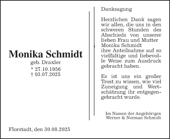Traueranzeige von Monika Schmidt von Wetterauer Zeitung