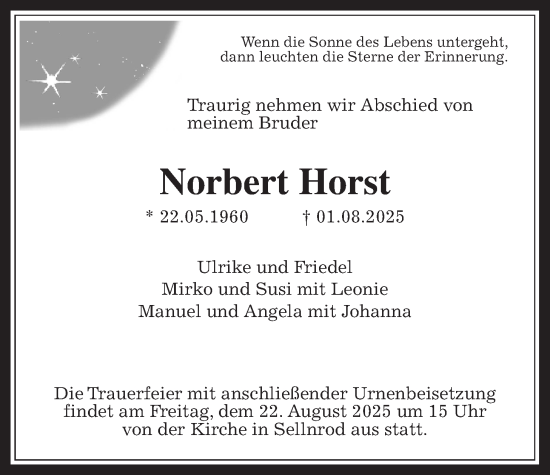 Traueranzeige von Norbert Horst von Alsfelder Allgemeine, Oberhessische Zeitung